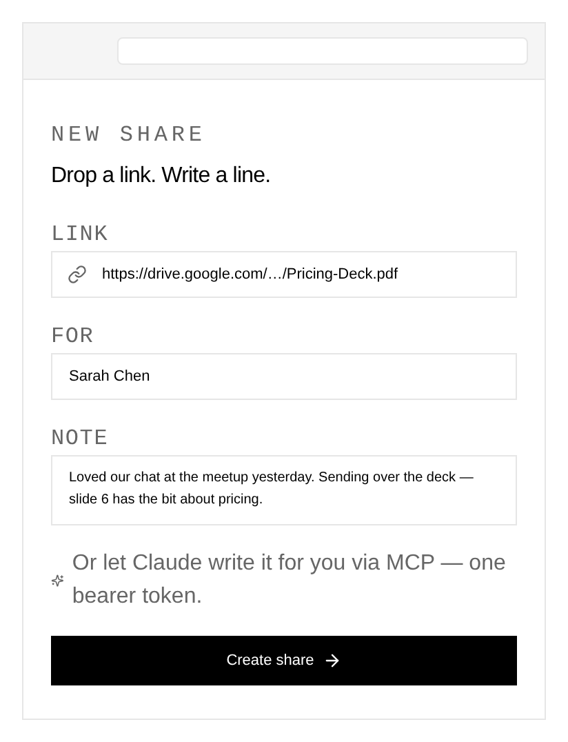 Sharer composer — paste a link, write a line, pick a recipient